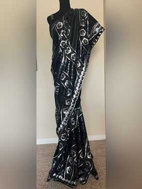 Black and Silver Fully Embroidered Chiffon Saree
